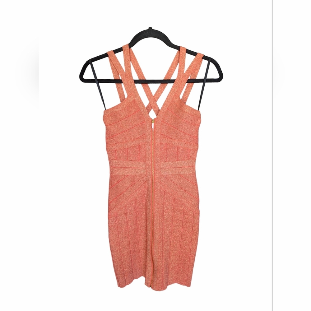 Bebe Y2K Body Con Bandage Dress in Hot Coral Color with Gold Accents Size XS